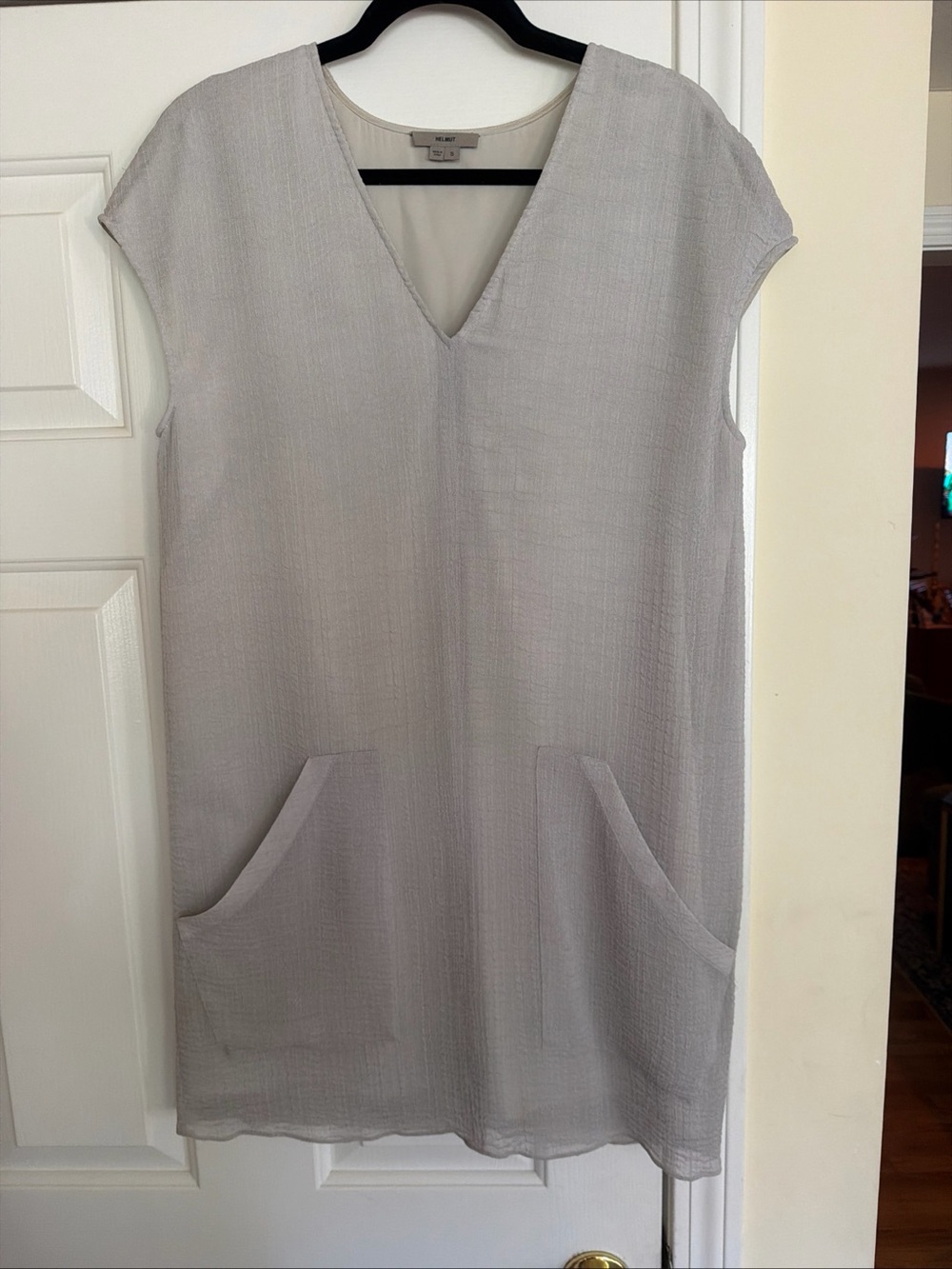Helmut Lang Light Gray V-Neck , cap sleeve dress with Pockets